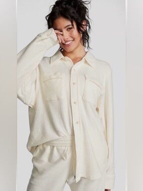 VS Pink Fuzzy Cream Button-Up Shacket